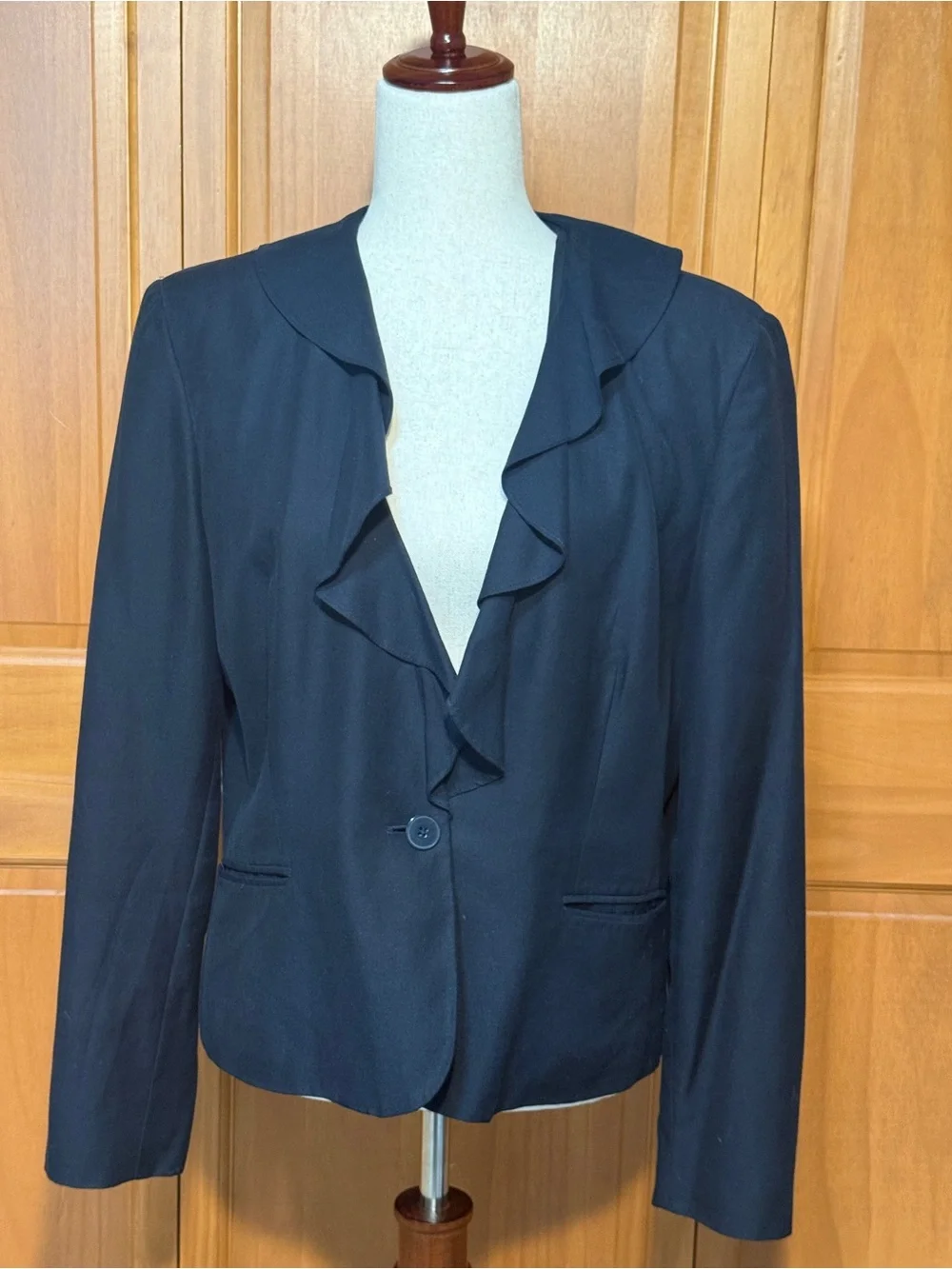 Vintage Ralph Lauren Chaps Silk Cotton Navy Ruffle-Trim Single-Button Jacket